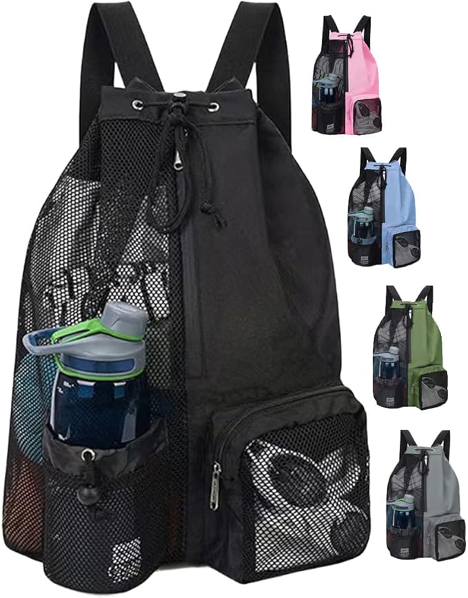 Drawstring backpack-Mesh Backpack for Swim, Lightweight Gym Bag .(Black)