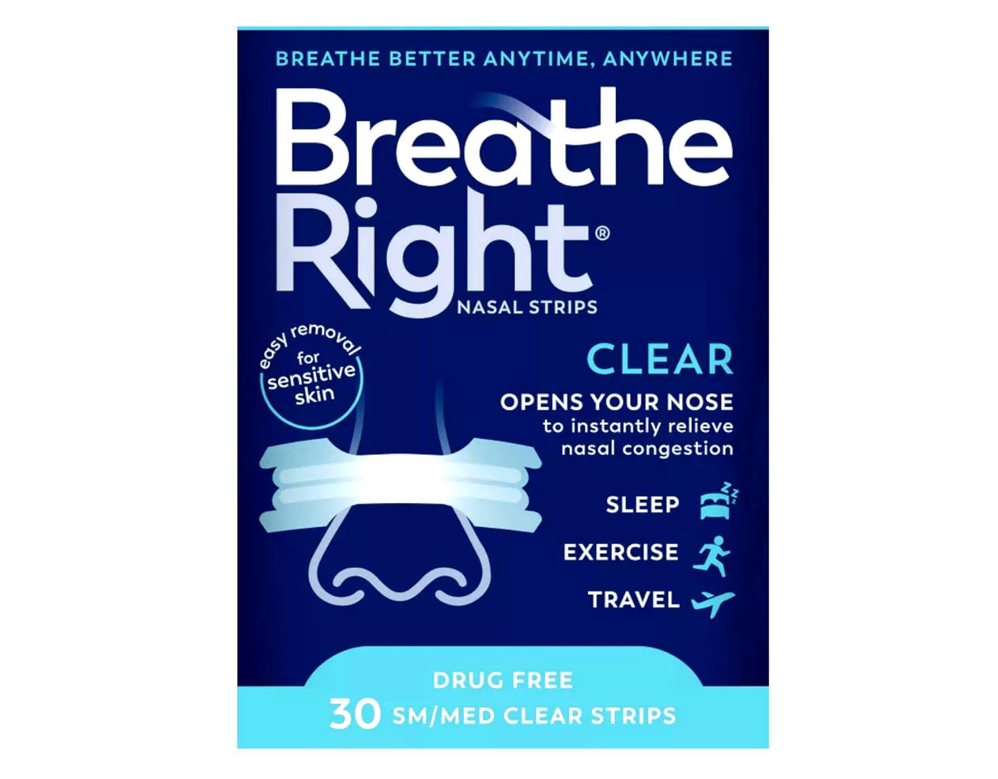Breathe Right Nasal Strips - Clear - for Sensitive Skin - Sm/Med Clear Strips - 30 Count Strips Per Box - Pack of 3