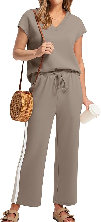 Saloogoe Two Piece Sets for Women Summer Outfits Lounge Sets V Neck Tops Wide Leg Pants Woman Vacation Travel Outfits