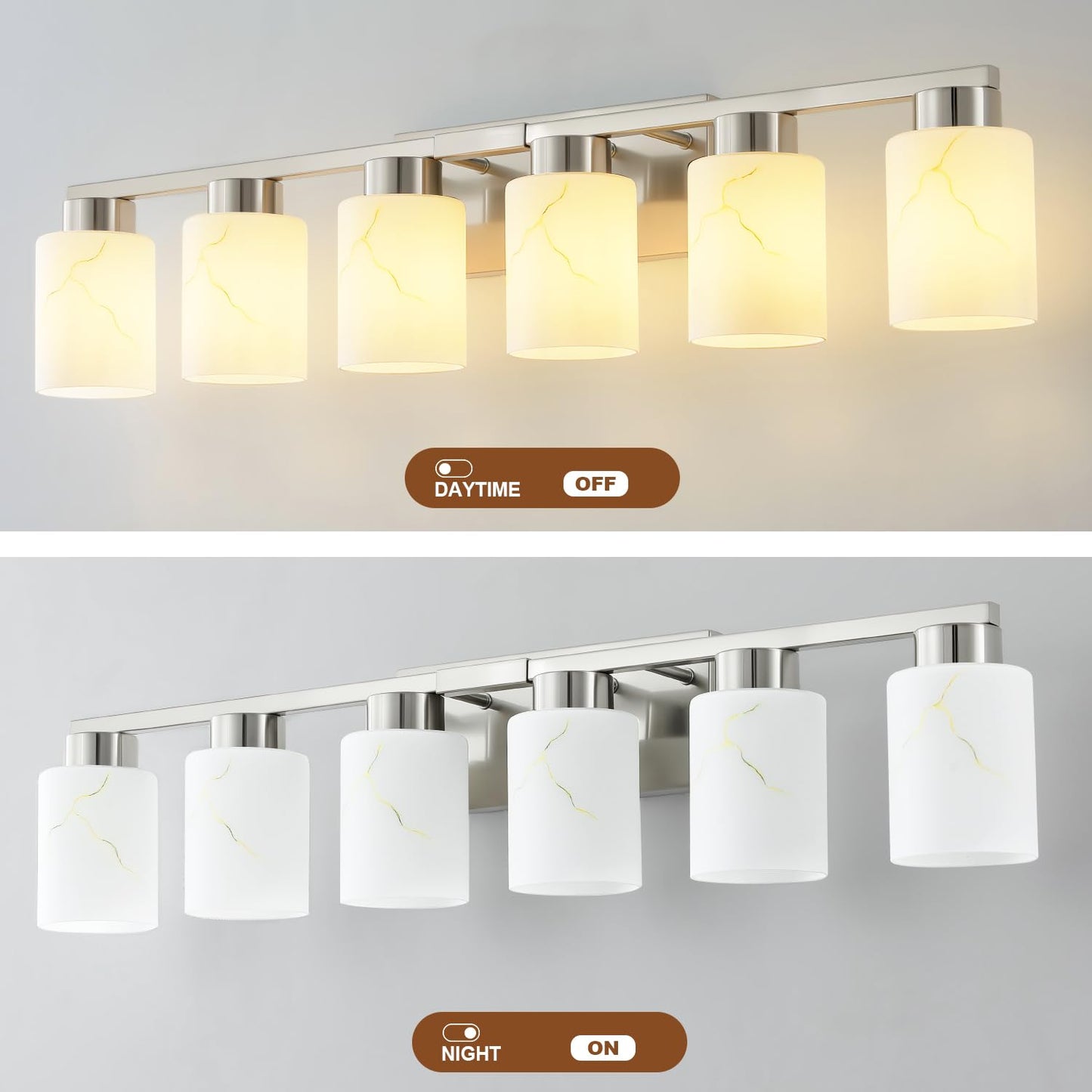 Mieloxiy 6-Light Bathroom Light Fixtures, Modern Vanity Lights, Brushed Nickel Metal Wall Lamp with White Marble Glass for Bathroom, Mirror, Living Room, Bedroom, Cabinet, Porch, Hallway, E26 Base