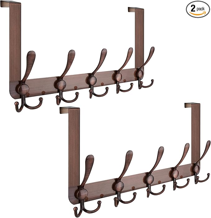 TICONN Over The Door Hooks, 5 Heavy Duty Tri Coat Rack All Metal Coat Hanger for Bathroom Bedroom Dorm (Antique Bronze, 2PK, Fit 1-3/4" Doors)
