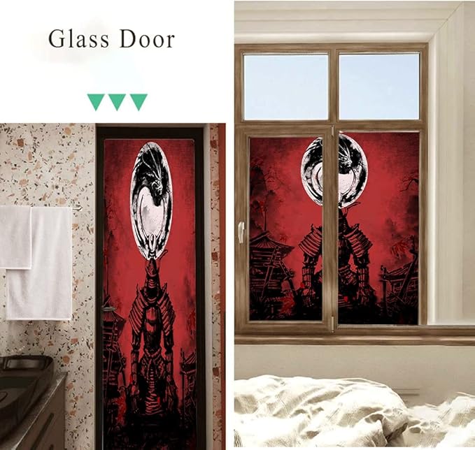 Japanese Samurai Window Film Abstract Vintage Samurai Blossom Dragon Full Moonstained Glass Window Film,Playroom Window Film,Nursery Window Film 17.7Wx23.6L-Inch X2Pcs