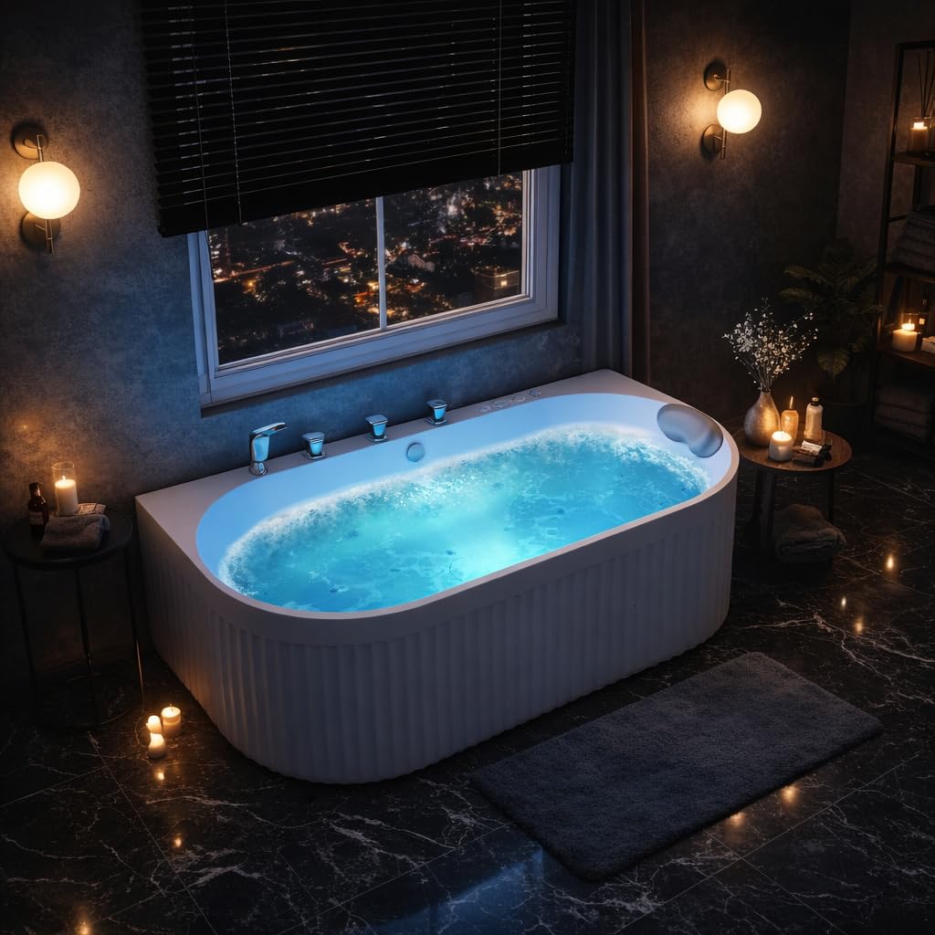 ANZZI Stone Bell 67" x 32" Freestanding Bathtub, Center Drain | Flat Bottom Tub with Air and Whirlpool Massage Jets, Lights, 5-Piece Faucet, 92 Gallon Free Standing Tub - White and Chrome