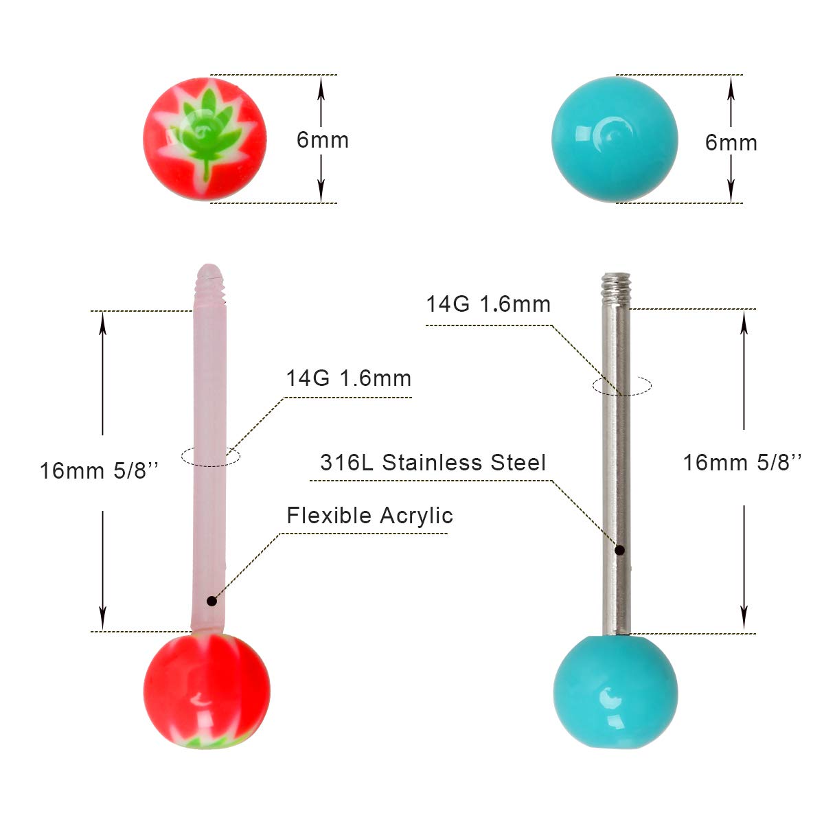 CrazyPiercing Wholesale 14g Tongue Rings Barbells Assorted Colors 110 PCS Acrylic Ball