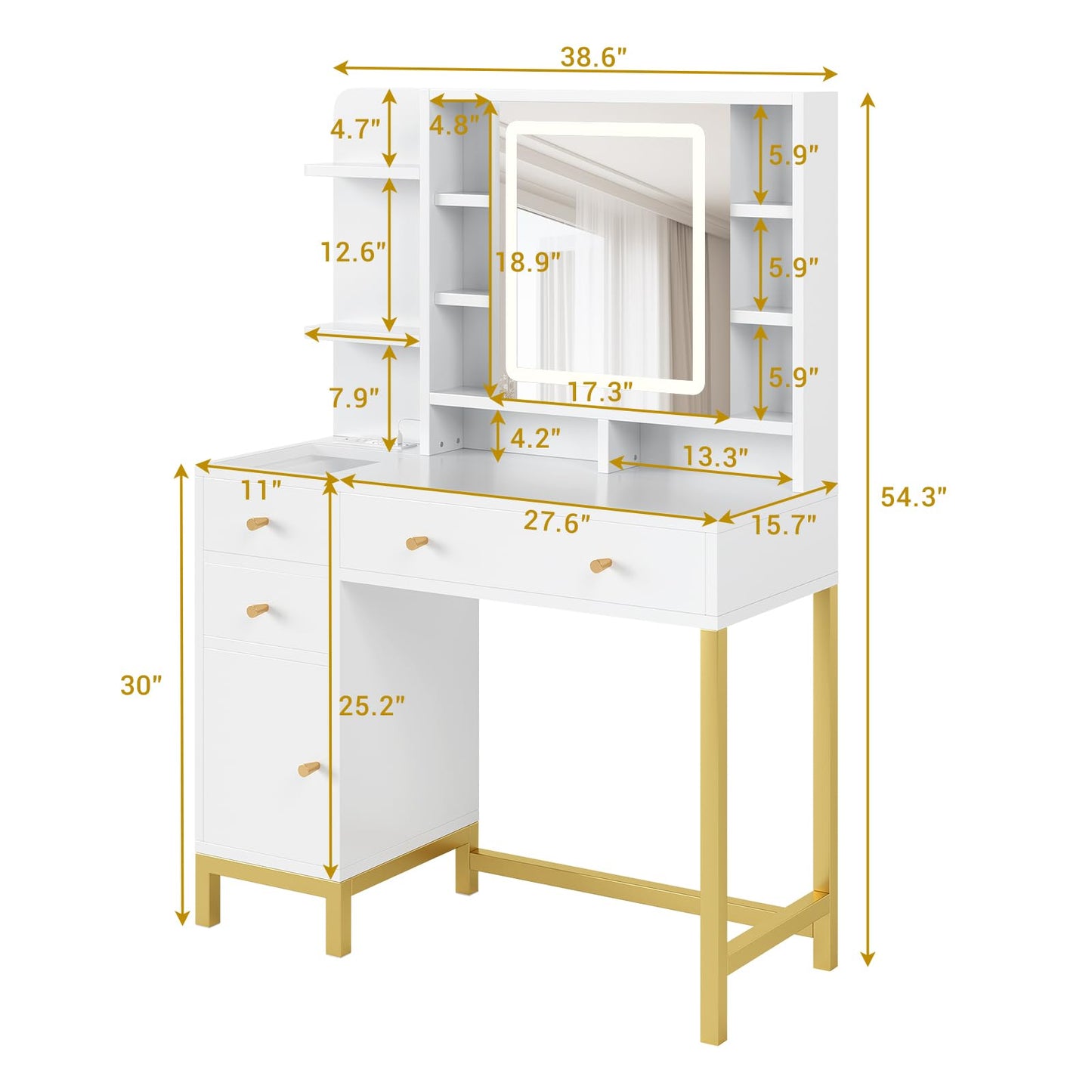 Garvee White Vanity Desk with Mirror and Lights, Glass Top Makeup Vanity White and Gold Dressing Table with Charging Station Large Vanity Desk with 3 Drawers, 3 Color Lighting Modes for Women Girl