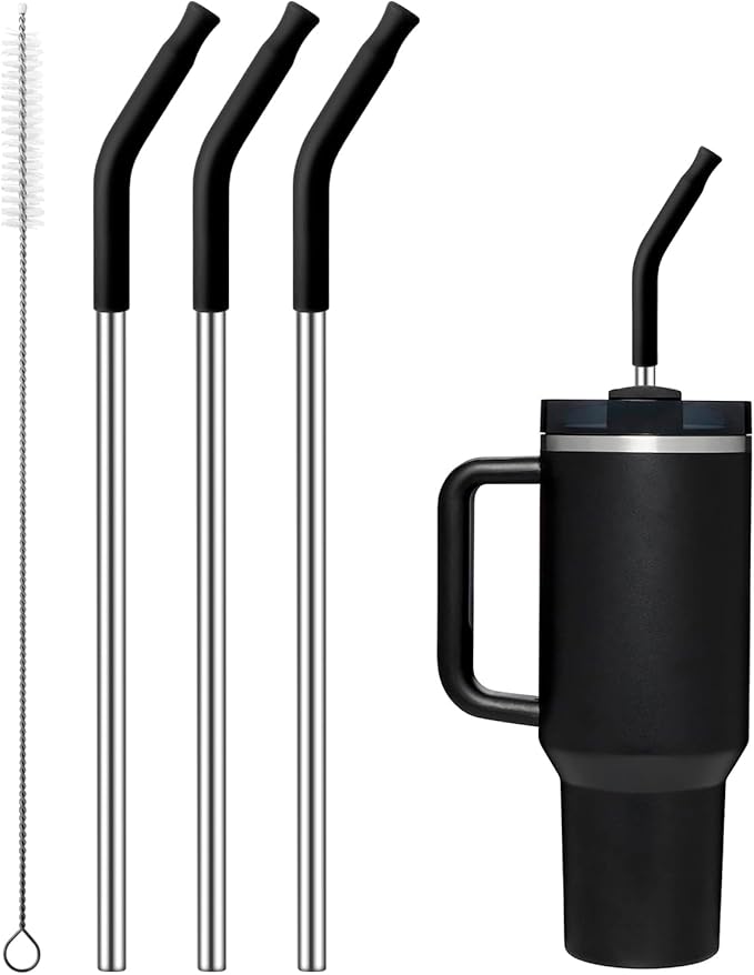 Reusable Metal Straws with Silicone Tip for Stanley 40oz,Stainless Steel Drinking Straws for 40oz Tumbler,3 Straight Tubes & 6 Tips& 1 Cleanr Brush(Black)