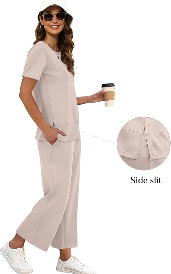 XIEERDUO Women's Side Slit Lounge Sets 2026 Fashion 2 Piece Travel Outfits Cozy Loungewear Wide Leg Tracksuits S-3XL