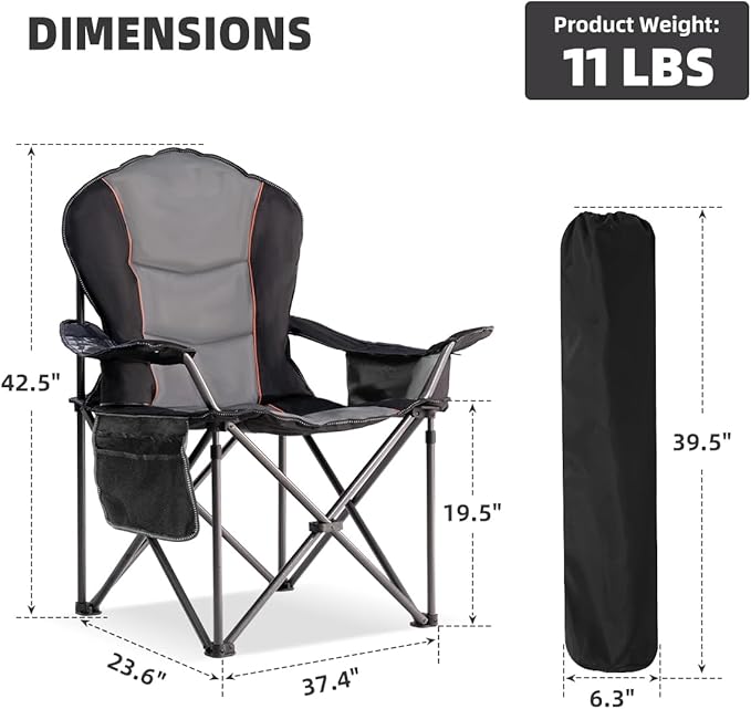 Foristrail Large Camping Chair with Side Table Heavy Duty 500LBS - Folding Outdoor Chair with Cooler Bag (Black & Gray, 2 PCS)
