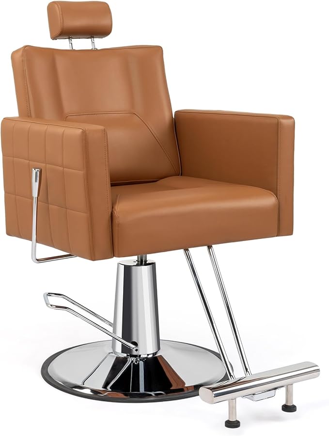 OmySalon Hydraulic Barber Chair Heavy Duty, Salon Chair for Hair Stylist All Purpose, Reclining Hair Salon Chair for Braiding Shampoo Facial Waxing Beauty Spa, 360 Degree Swivel, Camel