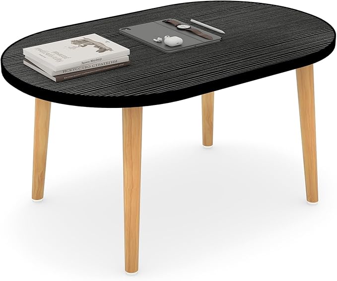 Funecy Oval Coffee Table Low Table with 4 Solid Wood Sturdy Legs, Floor Table Desk for Sitting on The Floor, Storage and Living Room Furniture (Black)