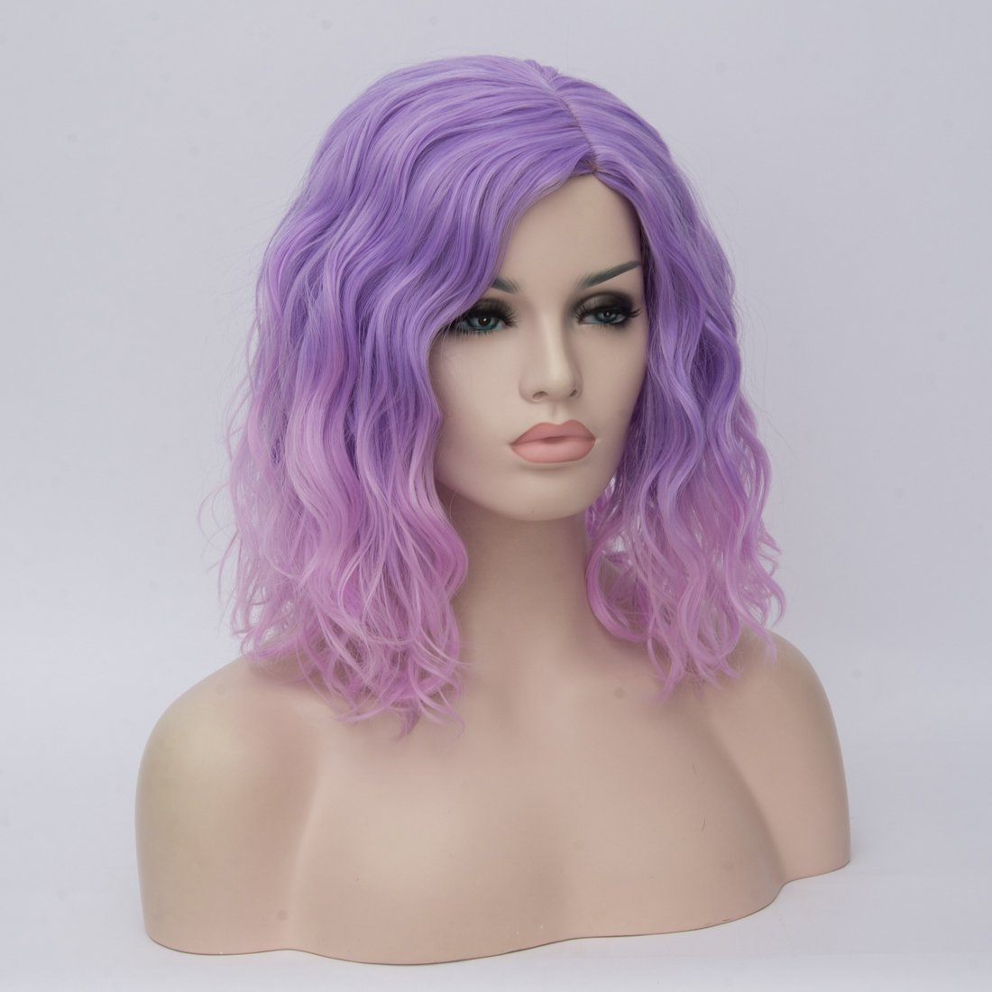 BUFASHION 14 Women Short Pink Purple Bob Wavy Glue Less Synthetic Hair Wig 46 Colors Available(Pink Purple)