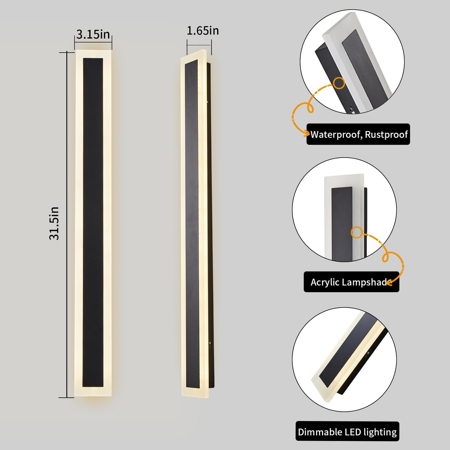 FDCOUA Outdoor Long Wall Lights of 2 Pack,Black Linear Dimmable Lamp,LED Exterior Wall Sconce Light Fixture,Waterproof Wall Light Ip65 for Front and Back Patio,Porch (31.5 inch)