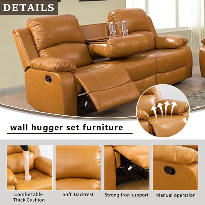 A Ainehome Living Room Furniture Set Leather Recliner Sofa Set Loveseat Chair Furniture Sofa Set for Living Room/Small Space/Rv/House/Office/Theater Seating (A-Ginger Leather, Sofa(3seater))
