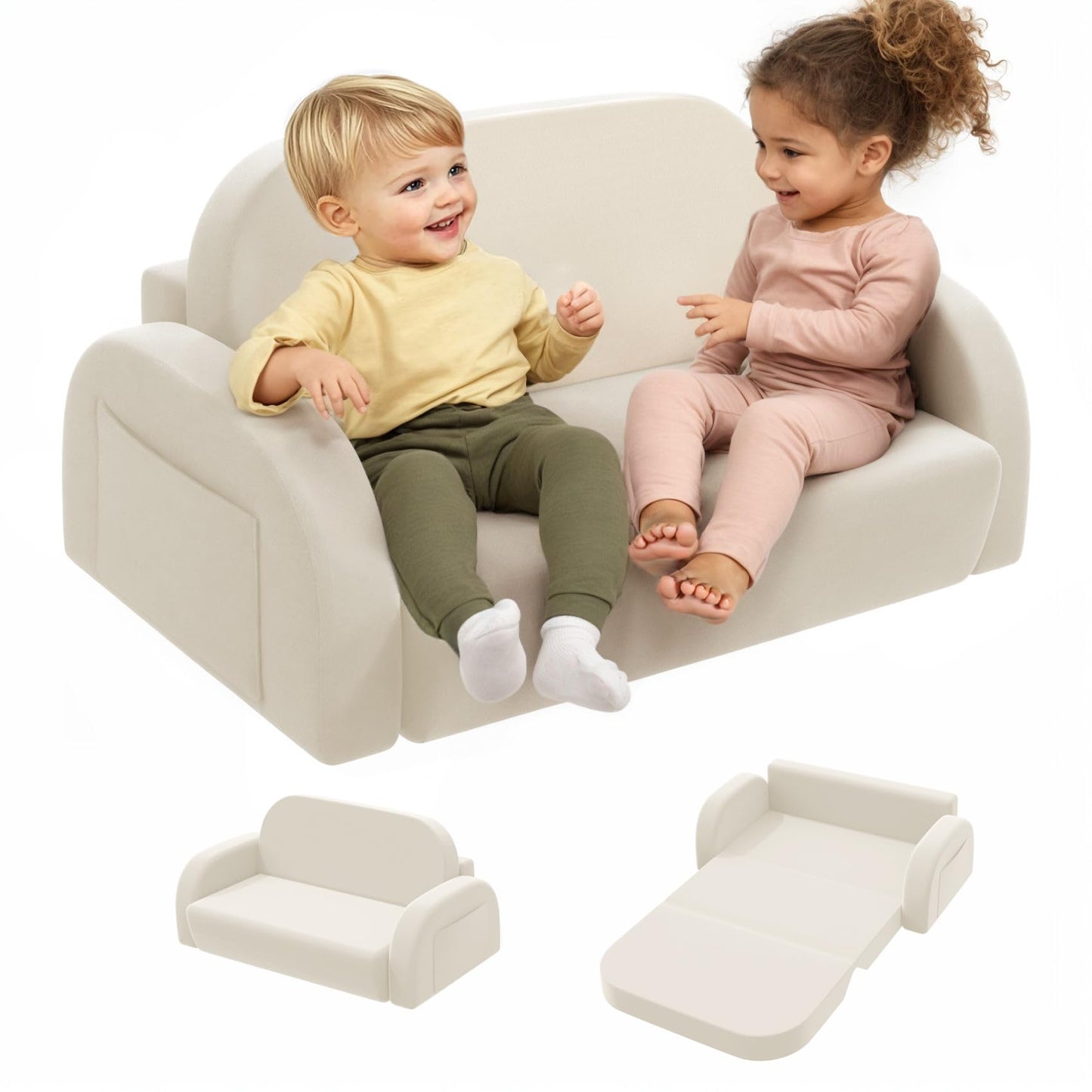little dove 2-in-1 Convertible Kids Couch, Extra Wide Comfy Toddler Chair, Flip Out Toddler Couch, Kid Chairs with High Density Foam, Sofa Bed for Boys & Girls 3+, Beige