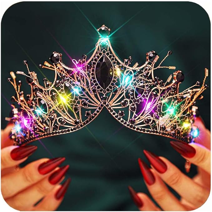Kilshye Light Up Black Rhinestone Crown LED Gothic Tiara Headband Festival Costume Hair Accessoris for Women