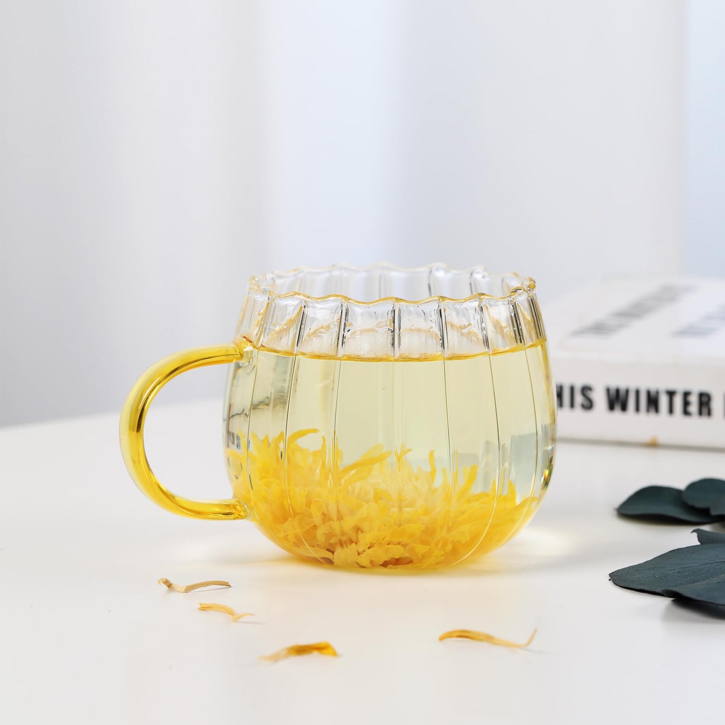 LUATSDAR Halloween Pumpkin Mugs 14 oz Glass Coffee Mugs Set of 2, Drinking Glasses with Yellow Handle, Clear Glass Cups for Hot or Cold Drinks like Cappuccino, Latte, Cocoa, Milk, Tea