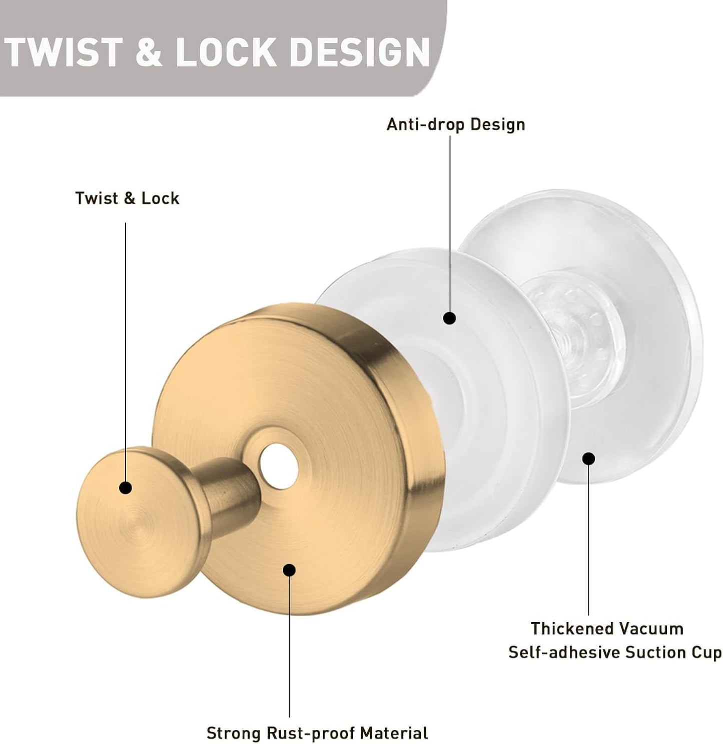byojia Suction Cup Hooks, Shower Hooks for Inside Shower, No-Drill Towel Hook Stainless Steel Waterproof Suction Hook for Wreaths, Loofah, Towel, Coat, Bath Robe (3, Gold)
