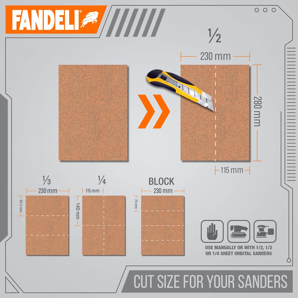 Fandeli | Multi-Purpose Sandpaper | 220 Grit | 50 Sheets of 9'' x 11'' | Ideal for Metal and Wood Sandpaper | Wall Sandpaper | Hand Sanding | Orbital Sanders.