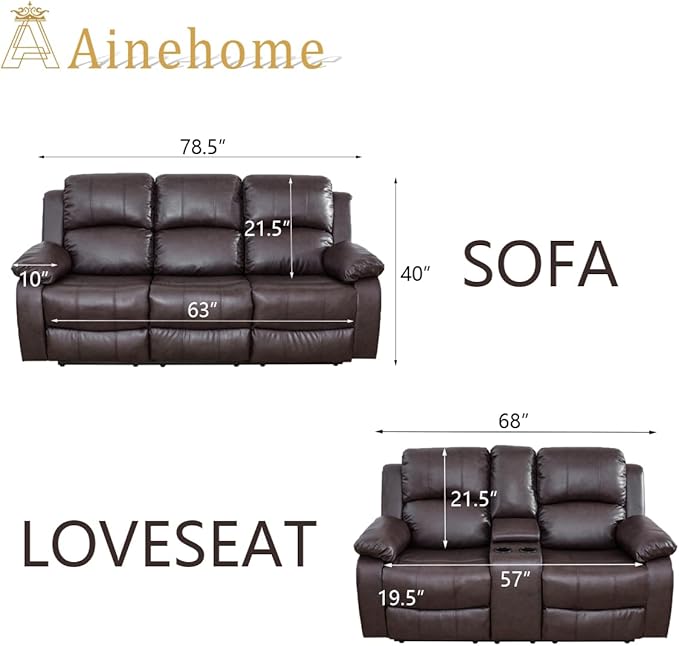 A Ainehome Living Room Furniture Set Leather Recliner Sofa Set Loveseat Chair Furniture Sofa Set for Living Room/Small Space/Rv/House/Office/Theater Seating (A-Brown Leather, Sofa+Loveseat)