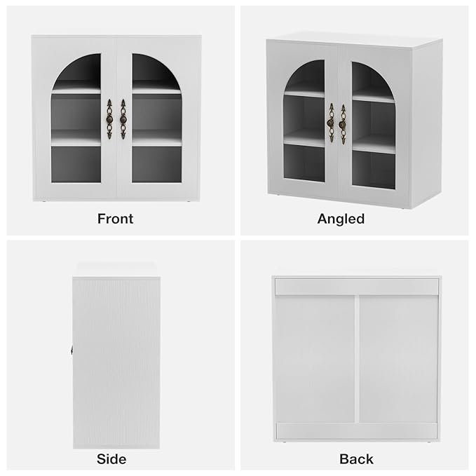 3-Layers Salon Station Free Standing Cabinet, Hair Styling Stations Salon Furniture w/Glass Doors, Bronzed Metal Handles, Wood Grains Surface, Barber Table Hair Salon Furniture(White)