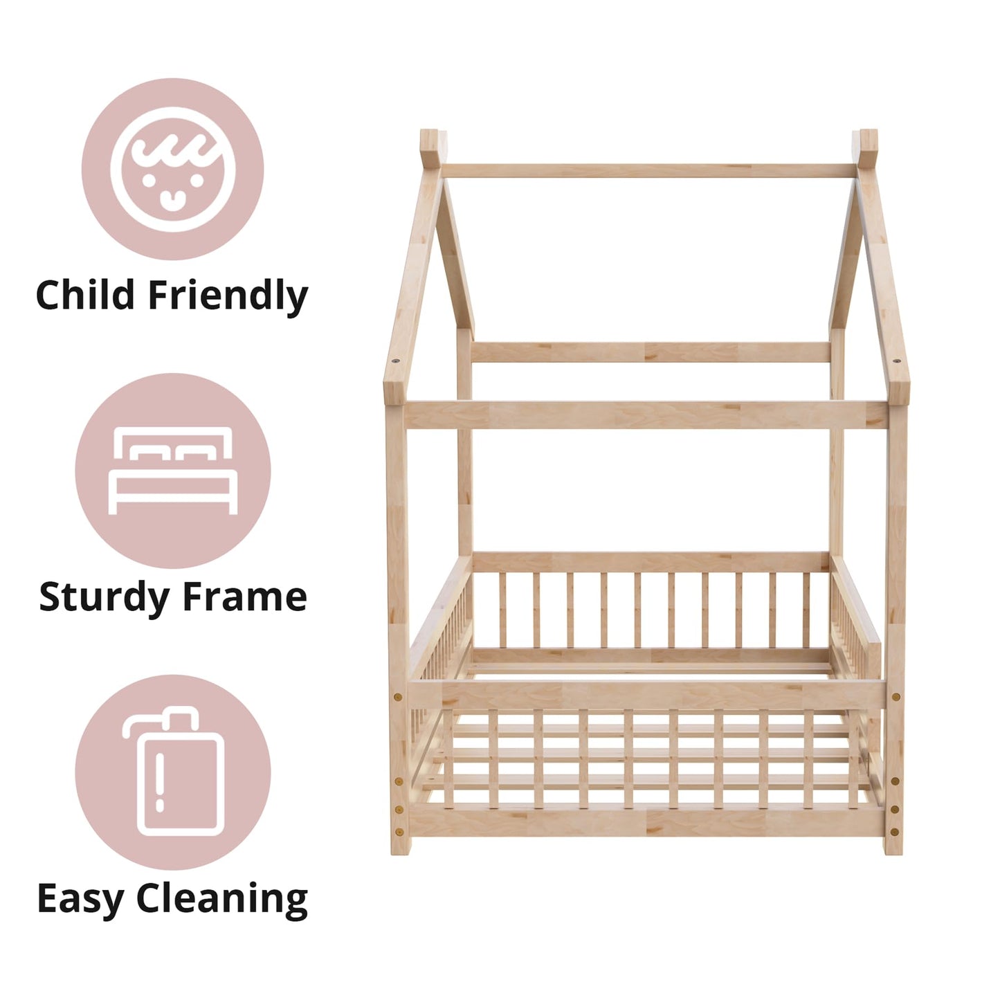 LLS Twin House Bed with Fence, Wooden Montessori Bed with Slats Support, Floor Bed Frame for Boys Girls Bedroom, Natural