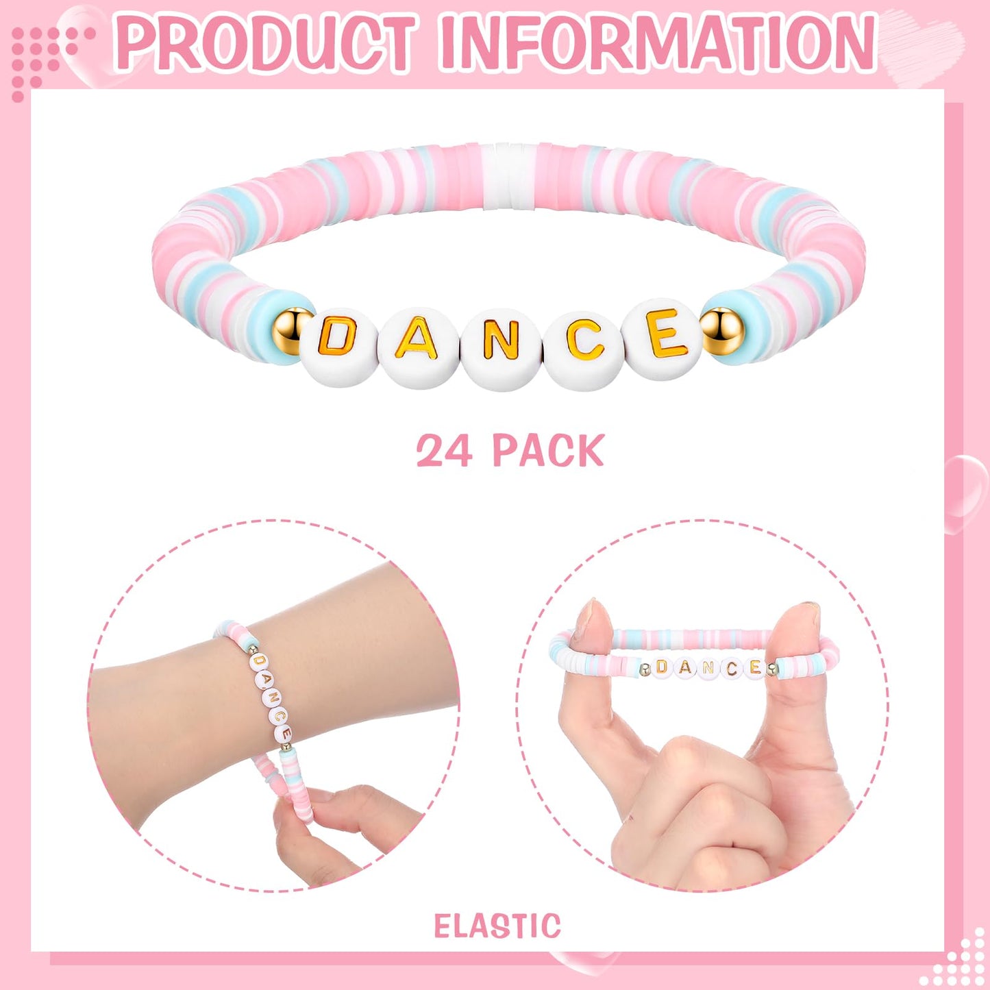 Blosssound 24 Pack Polymer Clay Beaded Dance Bracelet Bulk Stretch Bracelet for Team Gift Colorful Dance Lover Gift Internationa