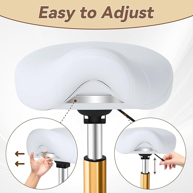 Saddle Stool with Wheels Ergonomic - Thick Wide Saddle Cushion, Healthy Posture No Pain, Easy to Adjust, Smooth Rolling No Creaky Noises, Rolling Swivel Saddle Stool Chair for Salon Massage (White)