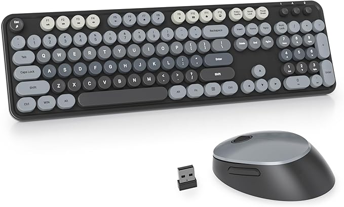 Owpkeenthy Retro Keyboard and Mouse Wireless, Cute Black Keyboard with Retro Typewriter Style Full-Sized with Number Pad Round Keys for Desktop, Laptop and Computerr (Gradient Dark)