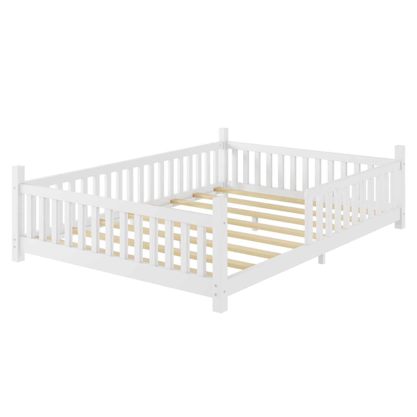 Mirightone Teepee Floor Bed for Kids, Full Size Montessori Beds with Rails, Detachable Floor Tent Bed with Slats and Hanging Rack, Wood House Bedframe for Boys Girls, White