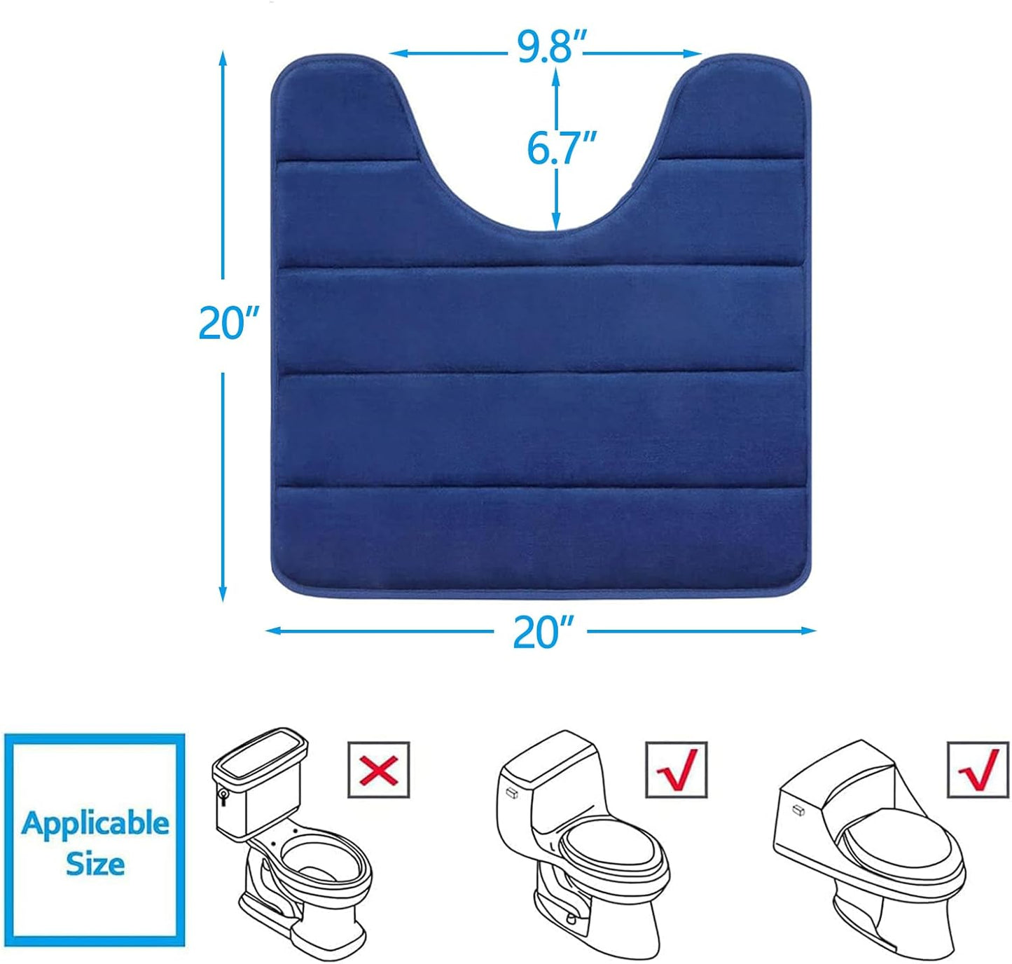 Buganda Memory Foam U-Shaped Contour Toilet Rugs, Non Slip Absorbent, Thick Soft Washable Bathroom Mat, Floor Carpet Bath Rugs Mat for Toilet Base (20" x 20", Navy Blue)