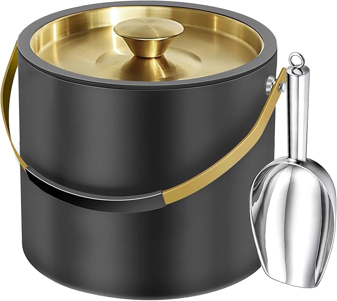 3.2L/3.4QT Modern Insulated Ice Bucket with Silicone Lid, Scoop, Strainer, Double Wall Stainless Steel Ice Bucket for Part...