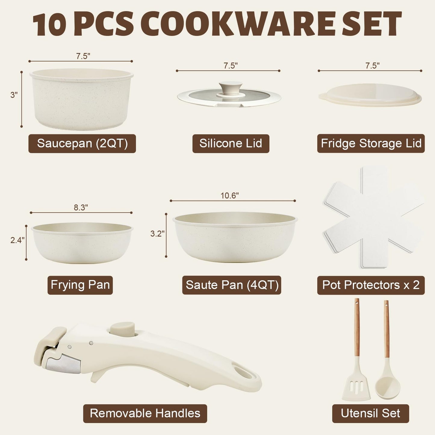 Numola 10 pcs Pots and Pan Set Non Stick with Detachable Handle, Ceramic Cookware Set for Stackable, Induction Kitchen Cookware Set for RV, Dishwasher ＆ Oven Safe, Cream White