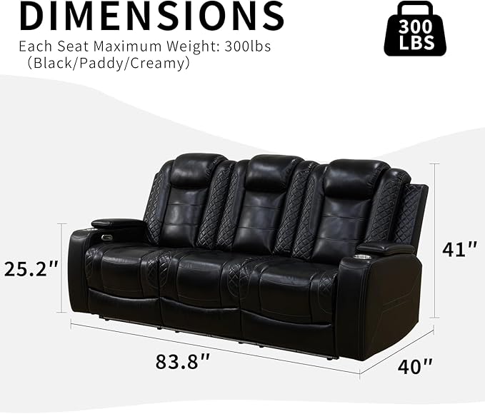 Caberryne Power Recliner Sofa with LED Lights,Leather Reclining Couch with Double Recliner/USB Port/Coffee Table/Cup Holder for House/Home Theater(3 Seater Sofa,Black)