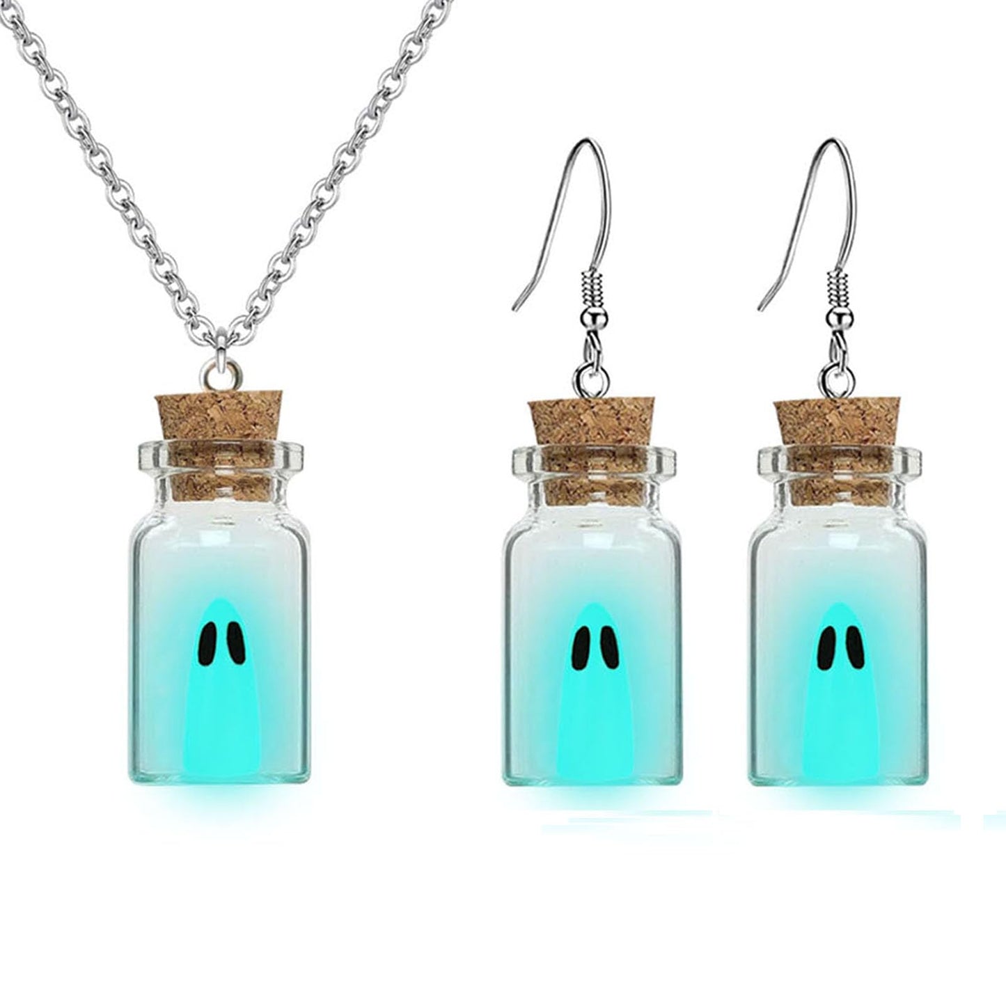 Gonashow Ghost Earrings & Necklace Blue, Glow in The Dark, Adopt A Ghost Earrings for Women, Men, Spooky Halloween Jewelry Set