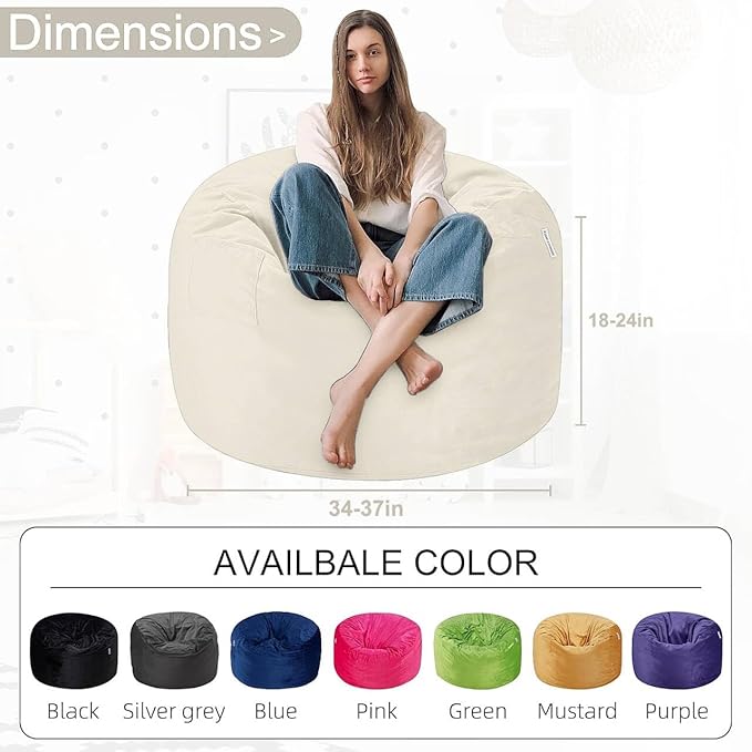 HABUTWAY Bean Bag Chair 3Ft Luxurious Velvet Ultra Soft Fur with High Rebound Memory Foam Bean Bag Chairs for Adults Plush Lazy Sofa with Fluffy Sponge 3' (Beige)