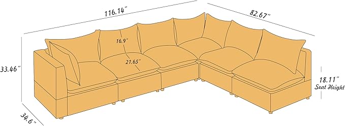 VANOMi Modular Sectional Sofa, Fully Modular Convertible Sleeper Sectional Couch with Reversible Chaise, 6 Seater for Living Room