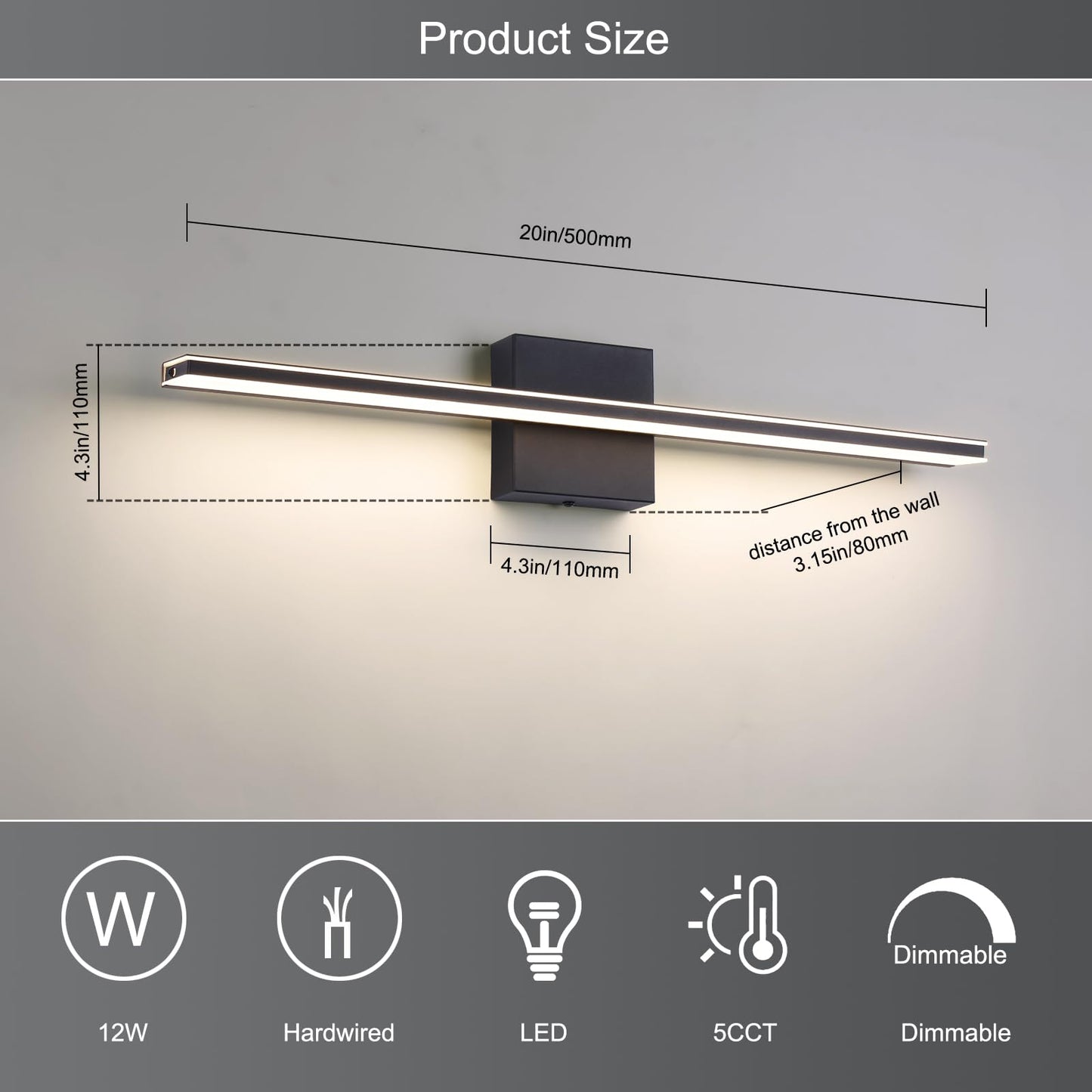 BRIVOLART Vanity Light for Bathroom Lighting Fixtures Over Mirror 24 Inch Dimmable 5CCT Modern Vanity Lights Black Bathroom Light Bar Bath Wall Sconce 18W