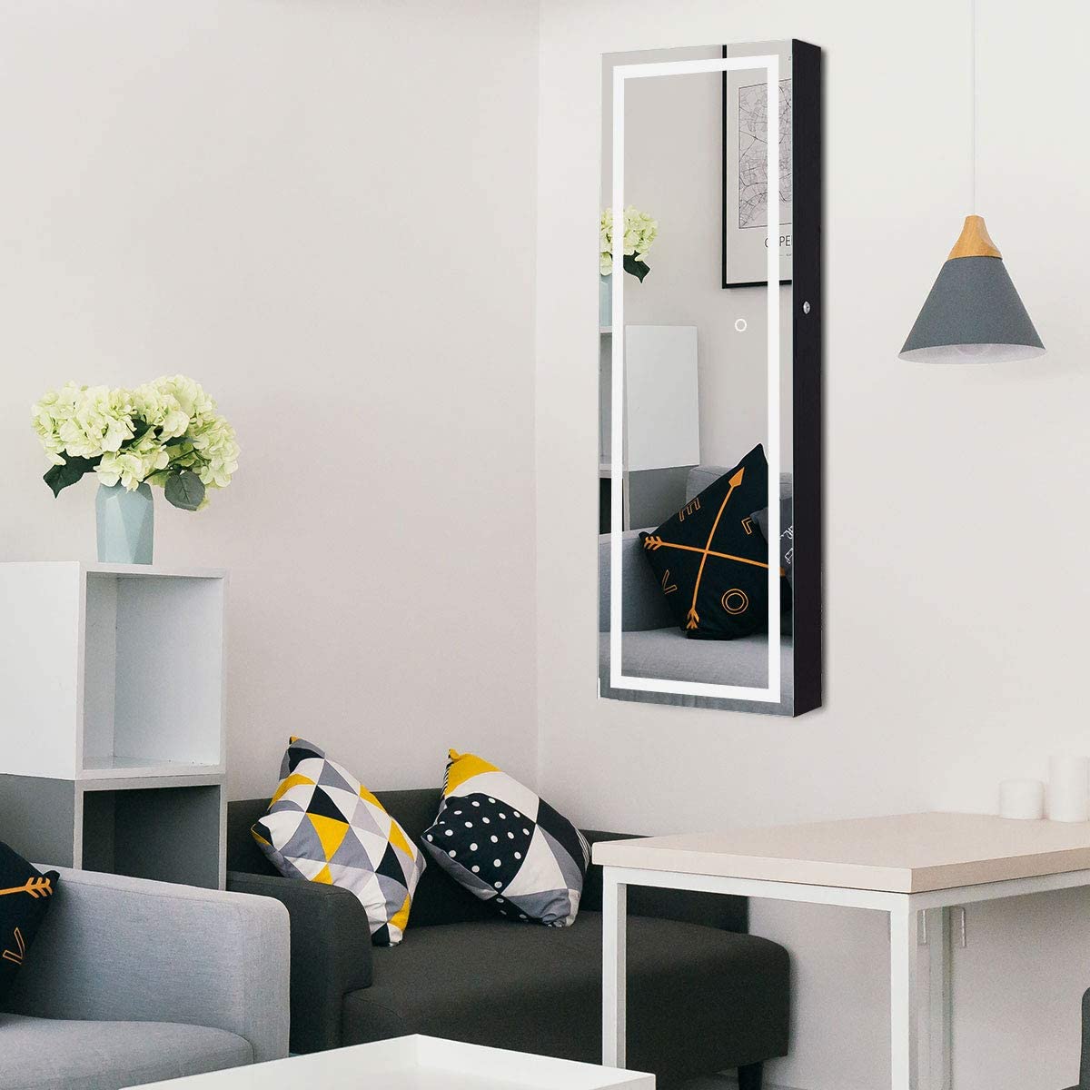 MAT EXPERT Wall/Door Mounted Mirror Jewelry Armoire, Jewelry Cabinet w/LED Lights & Touch-Screen Lighted Mirror, Makeup Jewel Storage Hanging Cabinet, Lockable Dressing Jewelry Organizer (Black)