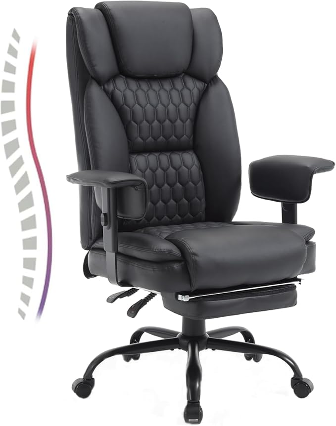 Reclining Office Chair with Footrest, 400Lb Big and Tall Office Chair with Lumbar Support, Pu Leather Recliner Office Desk Chairs with Wheels High Back Ergonomic Computer Desk Chair for Adult,Black