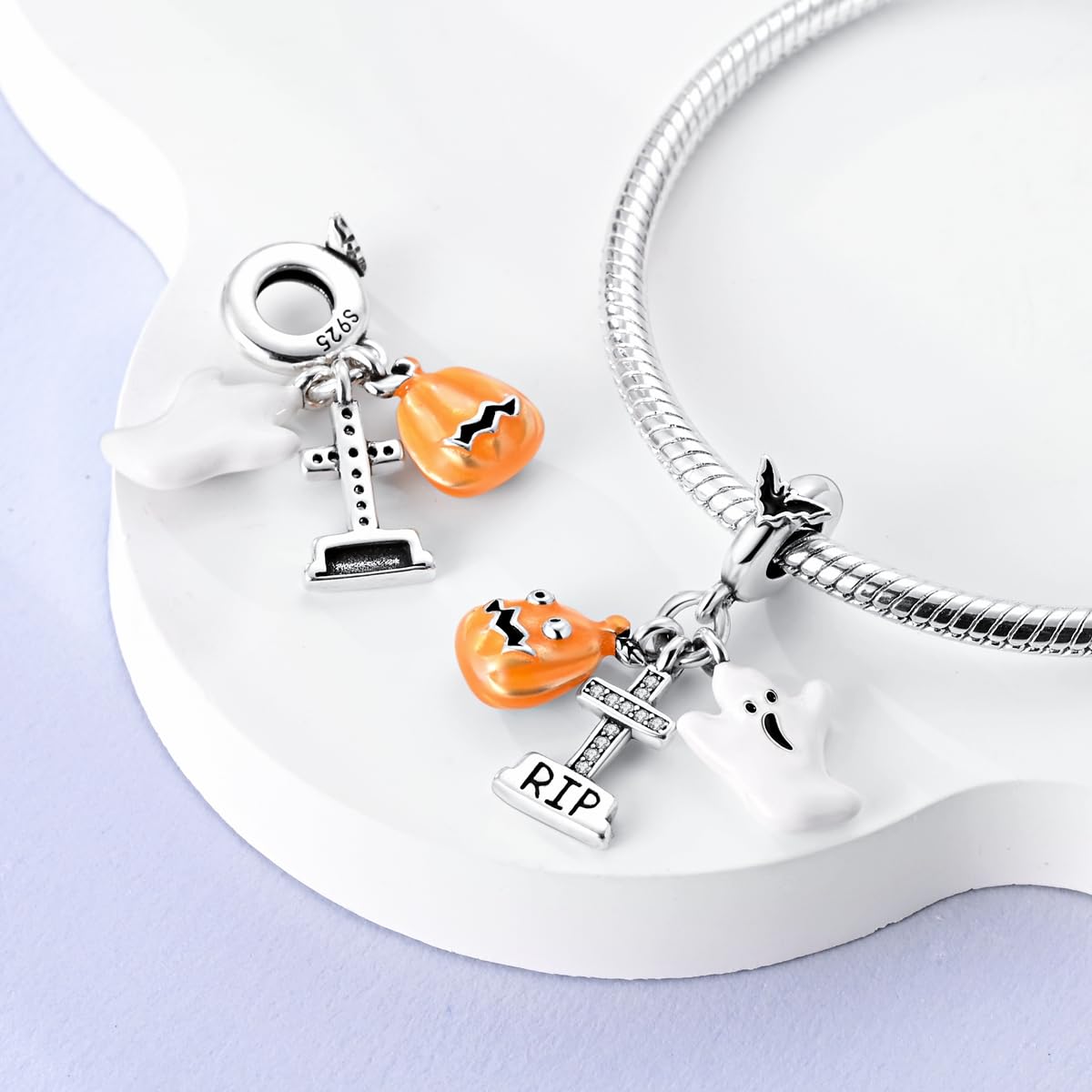Parmuz Halloween Pumpkin Charms Ghost Black Cat Cross Charm Sterling Silver 925 Halloween Horror Beads for Bracelet/Necklace Jew