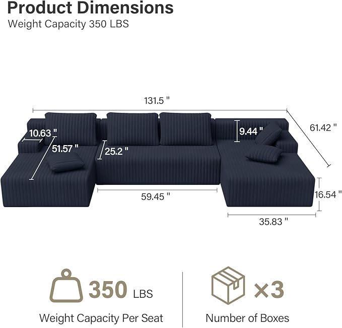 LAUSAINT HOME 132" Modular Sectional Sofa Couches, U-Shaped Boneless Cloud Sofa with 4 Deep Seat, 6 Cushiones Oversized Chaise for Living Room, Bedroom, Plush Corduroy Fabric (U Shaped,Navy Blue)