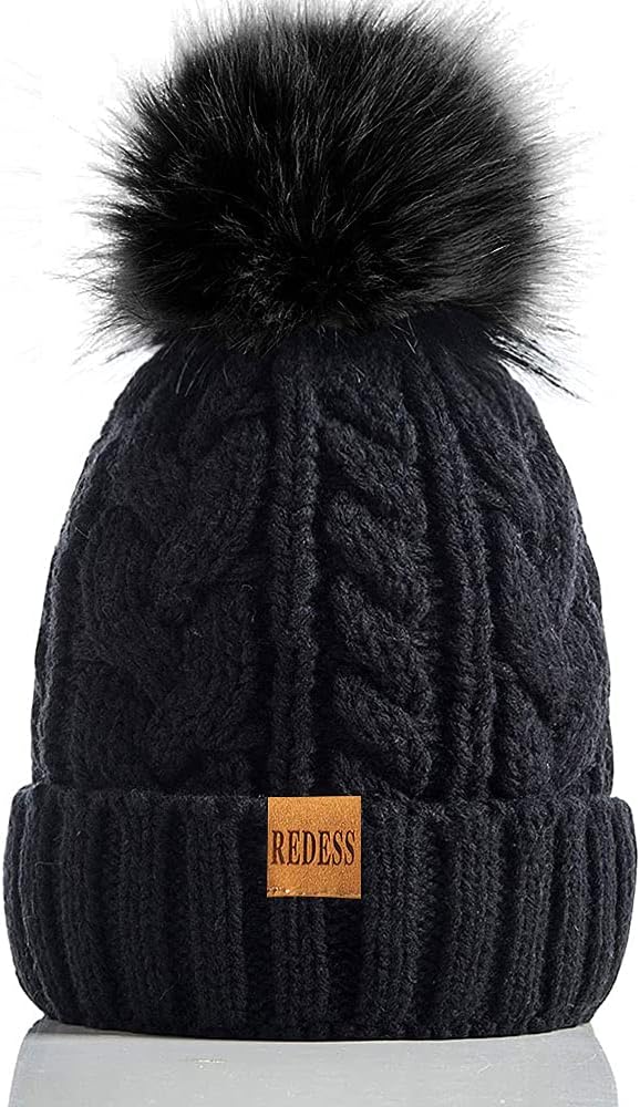 REDESS Women Winter Pompom Beanie Hat with Warm Fleece Lined, Thick Slouchy Snow Knit Skull Ski Cap