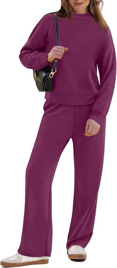 WIHOLL Two Piece Sets for Women Fall Outfits Lounge Sets Mock Neck Tops Wide Leg Pants Vacation Travel Airport Outfits