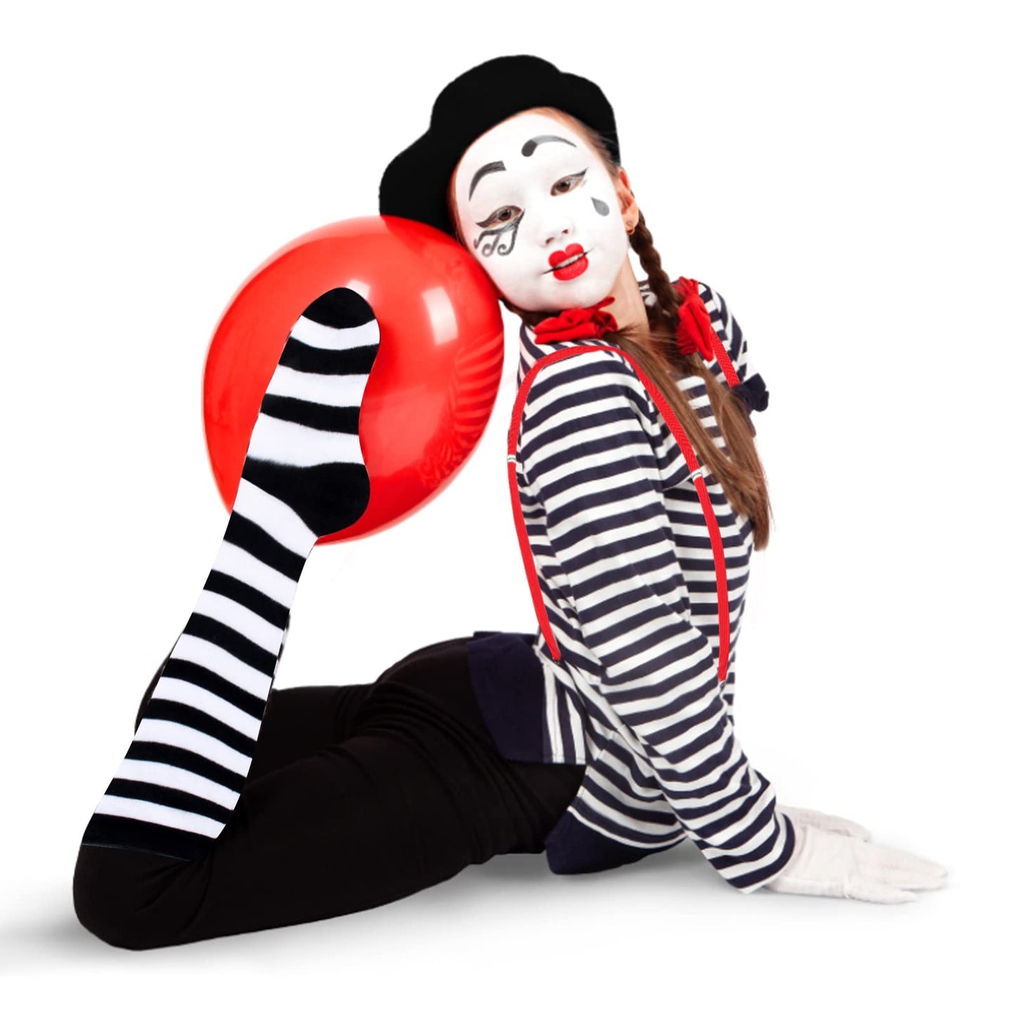 Keymall Kids Mime Artist Costume Accessories with French Beret Hat Suspender Scarf Gloves Face Paint Striped Socks for Halloween Carnival Dress Up Costume