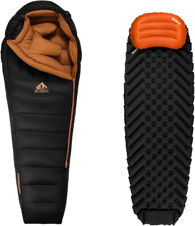 BUERTS Ultra-Light Down Sleeping Bag & Camping Mat Pillow Combo, Includes 3-Season Bag (18°F~32°F) with Quick-Inflate Mat
