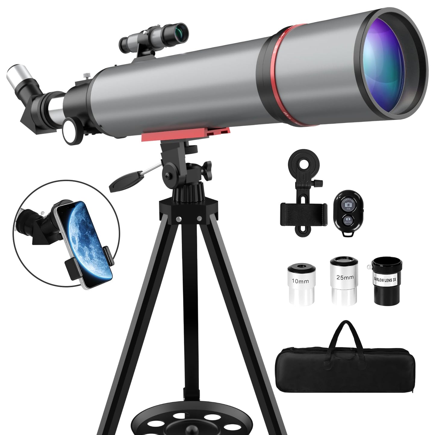 WOZEL Telescope for Adults & Kids - 90mm Aperture 600mm Refractor Portable Beginners Telescope High Powered, Magnification 180X, for Astronomy Planet Observation with Phone Adapter Tripod & Carry Bag