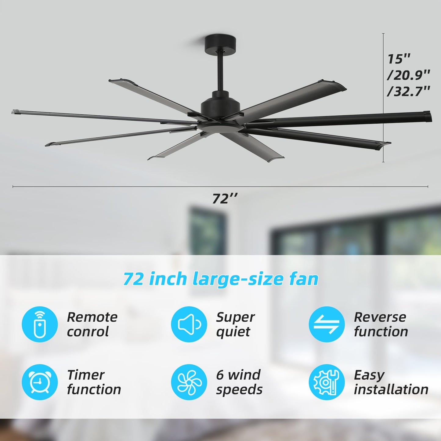 Rienaza 72 Inch Ceiling Fan No Light With Remote Control, 8 Blades Quiet Dc Reversible Motor, 6-Speed, Timer, Black, Indoor Outd