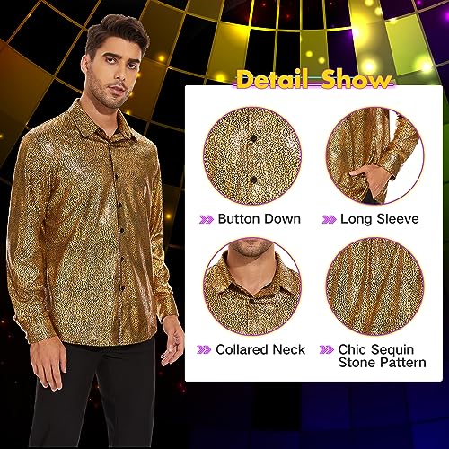 Zando Mens Disco Shirt Outfit Retro 70s Shirts for Men Sequin Glitter Long Sleeve Button Down Disco Outfits Party Costume