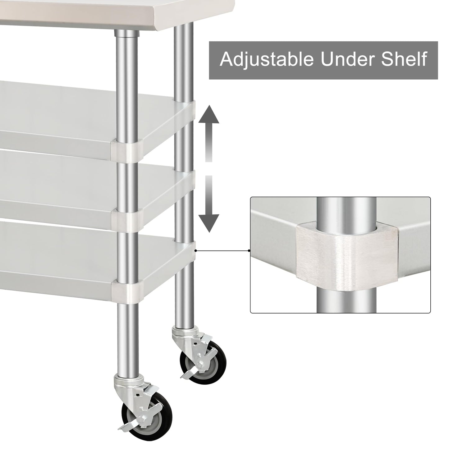 HARDURA Stainless Steel Table with Wheels 24 x 60 Inches Kitchen Prep Table Heavy Duty Stainless Steel Workbench with Aluminium Corner Undershelf NSF 304 Metel Table for Commercial Restaurant