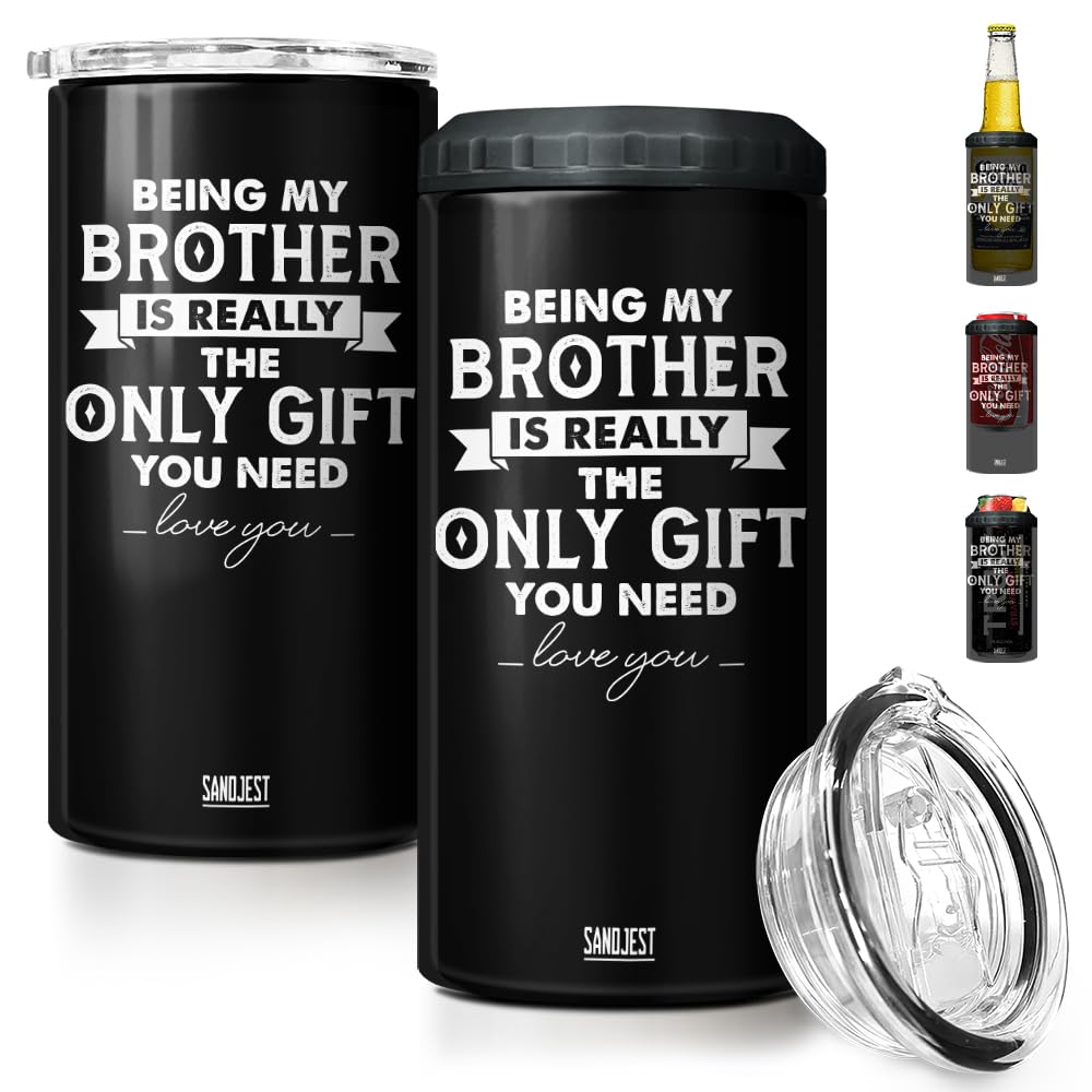 SANDJEST 4-in-1 Design Brother Tumbler & Can Cooler Gift - Being Brother is the Only Gift You Need Cans Coozie - Black Can Holder Christmas Birthday Gifts for Brothers from Sisters, Bros